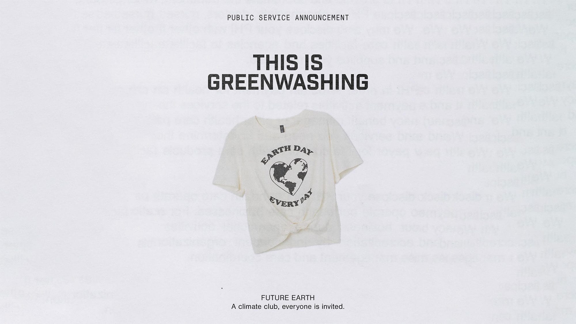 A t-shirt that says "Earth Day Every Day." A headline above it says "This is greenwashing."