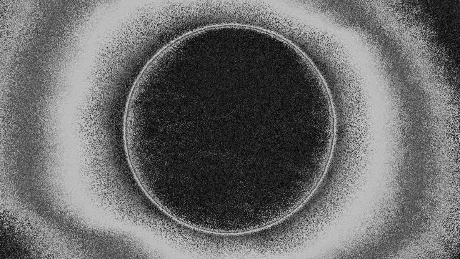 A dark hole with waves of light radiating out from it. The entire scene is black and white, drawn with a pointillism style.