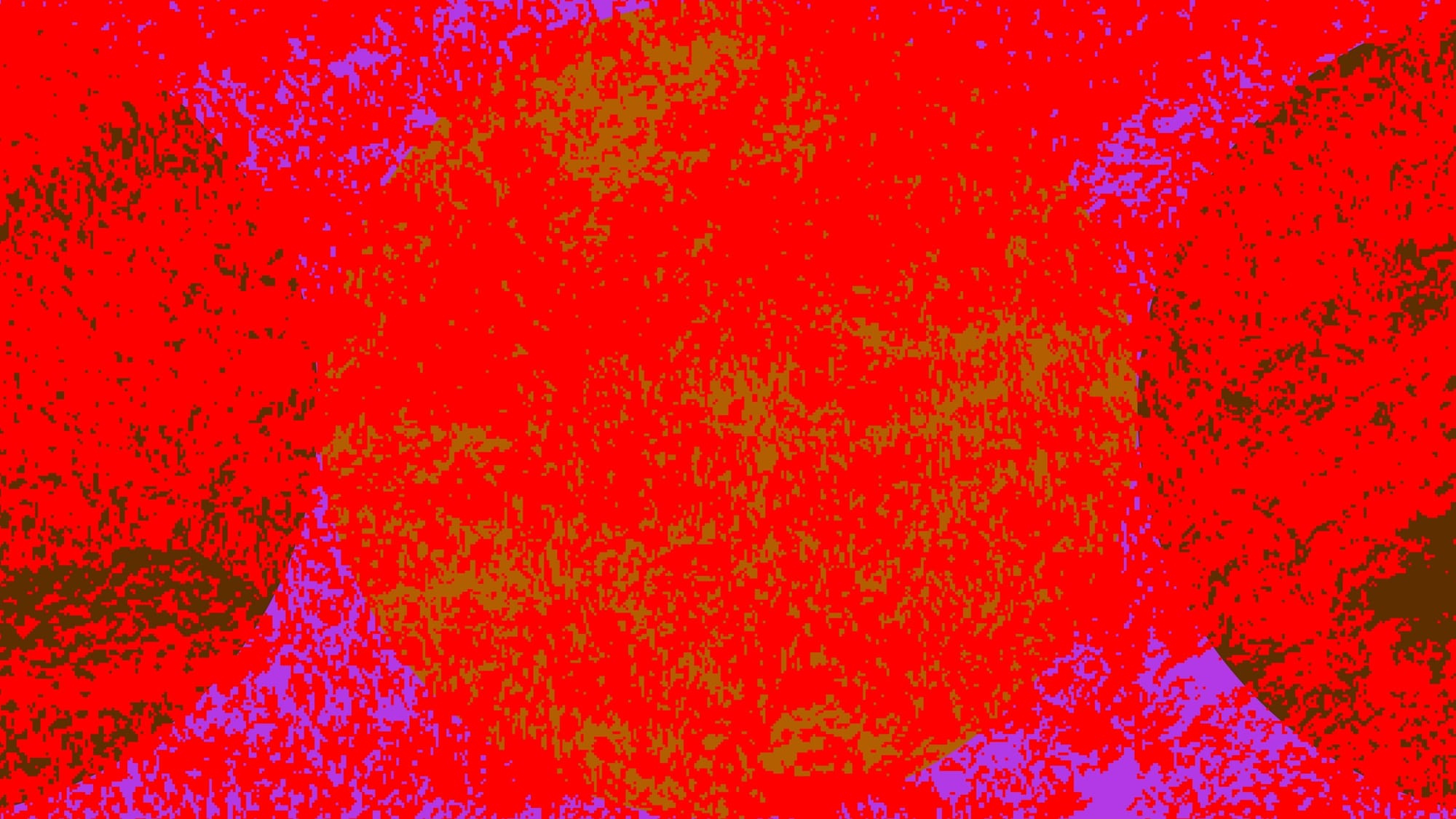 Three speckled circles on a red background. The circles are set in colors that clash and vibrate.